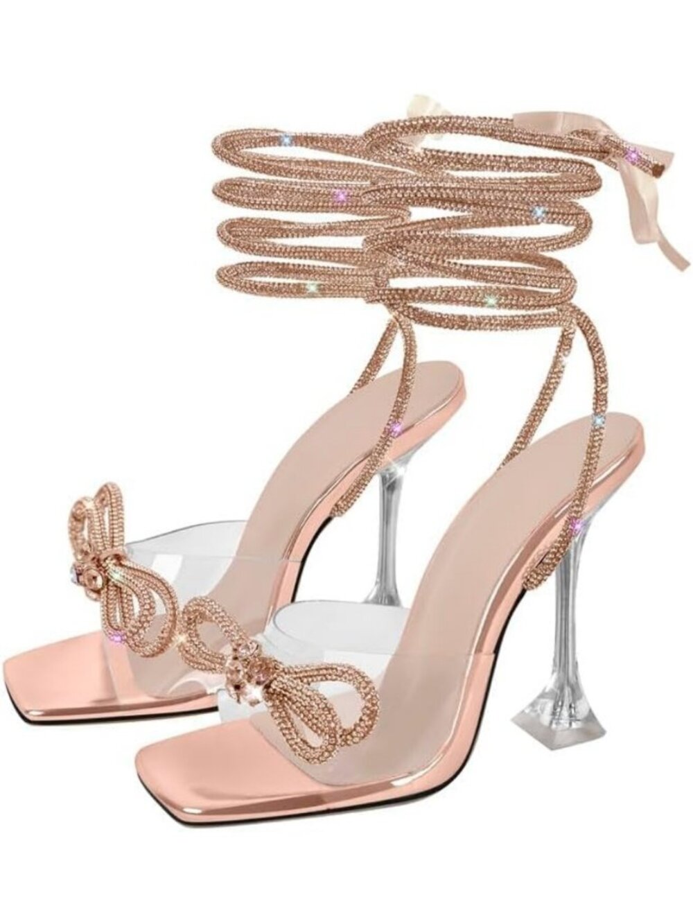 Sparkly Rhinestone Stiletto Heels with Diamante Bow & Lace-Up Straps
